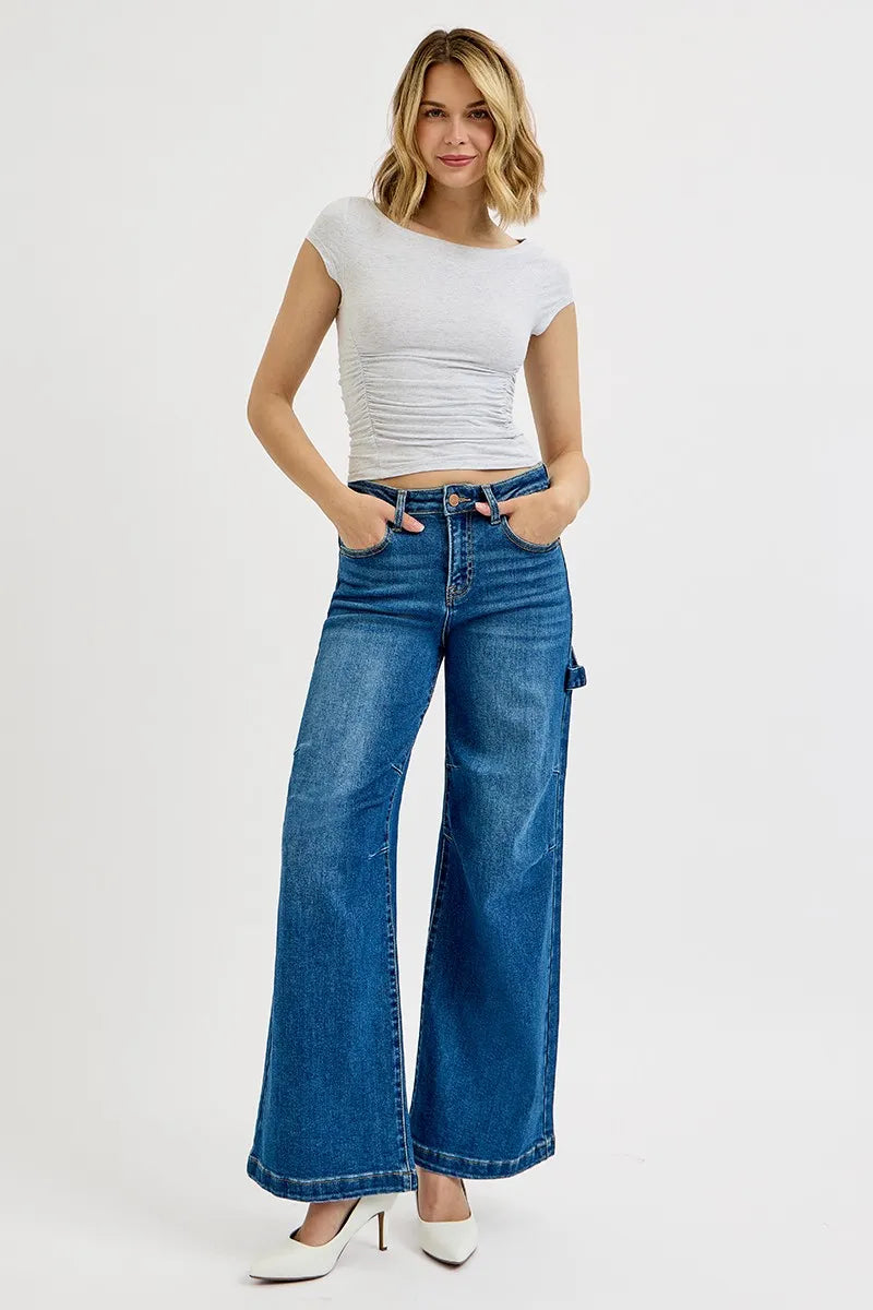 RISEN Dark Washed High Rise Wide Leg Patch Detailed Jeans