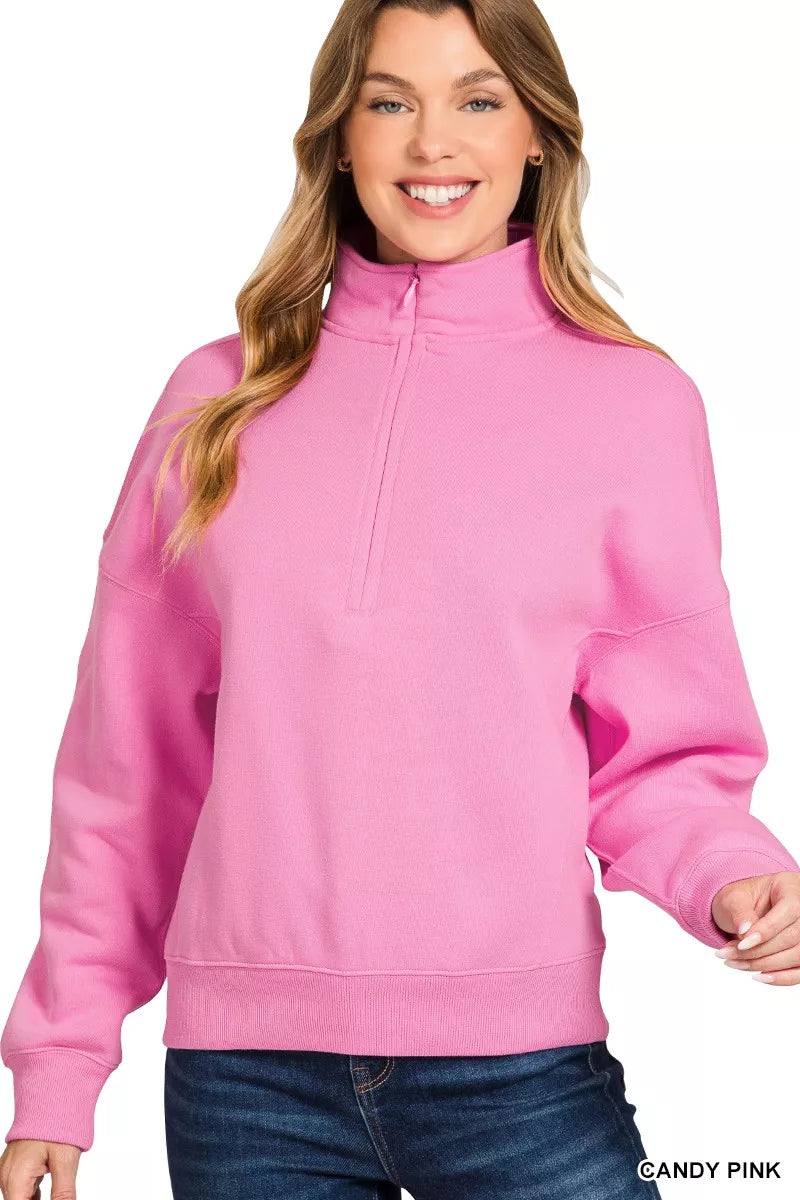 Zenana Fleece High Neck Half Zip Sweatshirt CANDY PINK