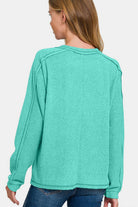 Zenana Turquoise Contrast Stitching Brushed Ribbed Hacci Knit Top