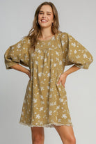 Umgee Raw Hem Floral Print Round Neck Denim Dress in Mocha Dresses