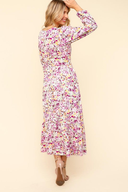 Haptics Liliac Floral V-Neck Long Sleeve Dress with Side Pockets Dresses