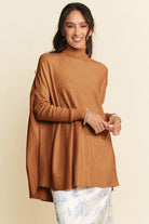 Davi & Dani Caramel High-Low Turtleneck Long Sleeve Knit Top Caramel