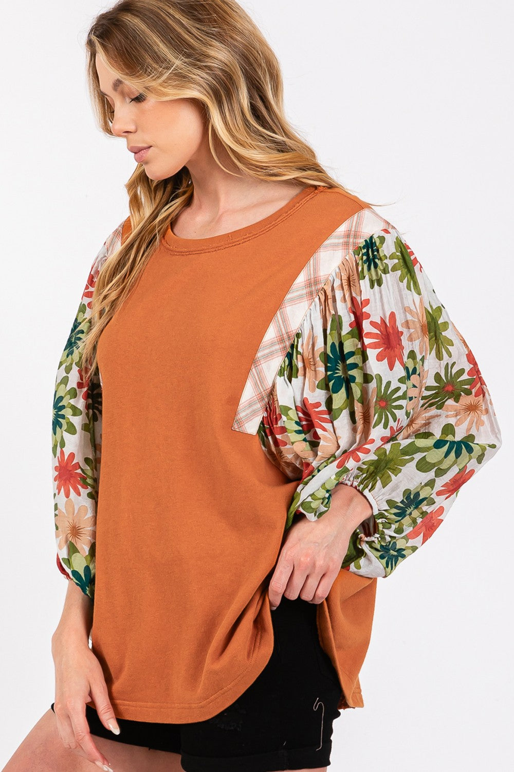 SAGE + FIG Caramel Printed Balloon Sleeve Contrast Top Trendsi