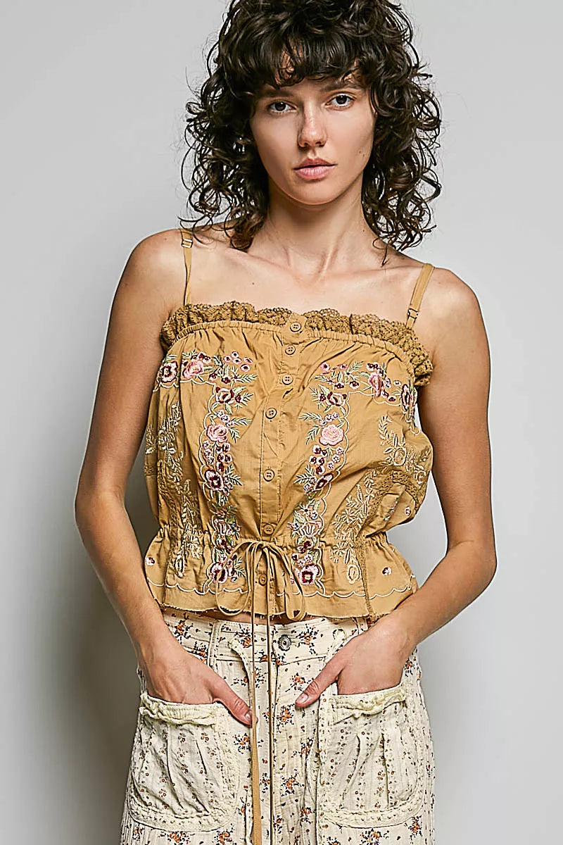 POL Button Down Floral Embroidered Cropped Cami with Lace Detail SAND CLAY