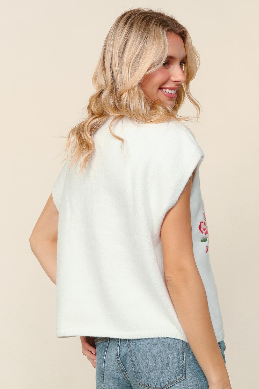 Haptics Button Down Floral Embroidery Sweater Vest