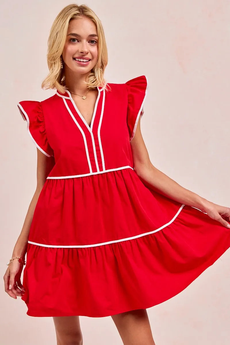 BiBi Red Game Day Theme Contrast Binding Ruffled Dress