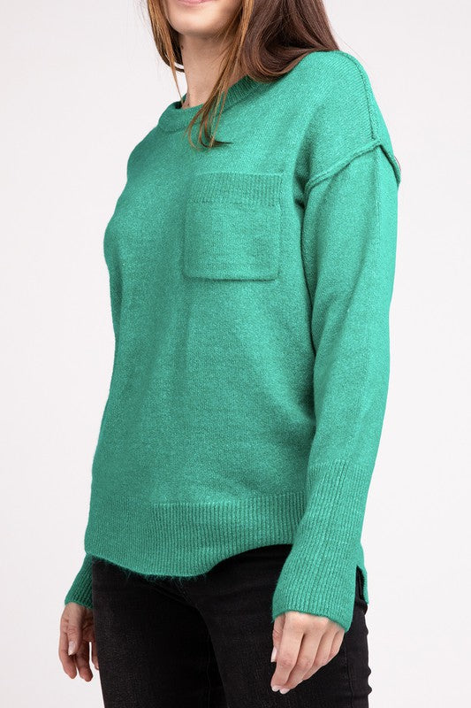 Zenana 9 Colors Melange Hi-Low Hem Round Neck Chest Pocket Sweater H K GREEN ZENANA