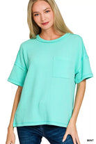 Zenana Mint Raised Rib Exposed Seam Short Sleeve Top MINT