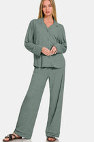 Zenana Sage Button Down Long Sleeve Top and Pants Lounge Set Loungewear