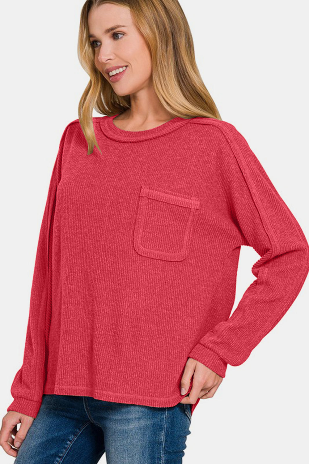 Zenana Red Contrast Stitching Brushed Ribbed Hacci Knit Top