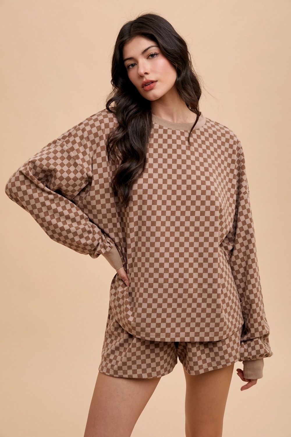 Annie Wear Mocha Checkered Round Neck Top and Drawstring Shorts Set Mocha Loungewear Set