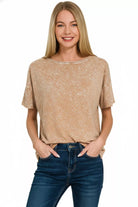 Zenana Brown Halo Washed Cotton Short Sleeve Top