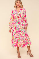 Haptics Frill V-Neck Shirred Waist Pink Floral Maxi Dress Dresses