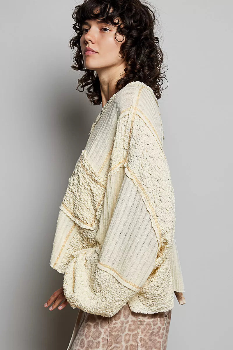 POL Natural V-Neck Long Sleeve Top with Stitch Detail