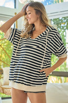BiBi Stripe Fleece Notch Neck Short Sleeve Hoodie