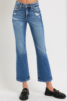 RISEN Dark Washed Tummy Control High Rise Crop Bootcut Jeans Trendsi