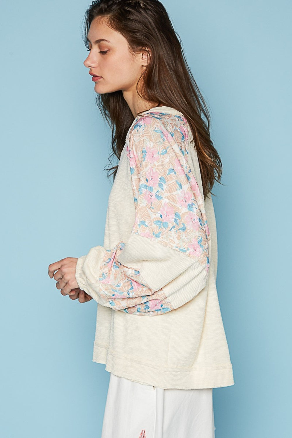 POL Round Neck Balloon Floral Long Sleeve Top Trendsi