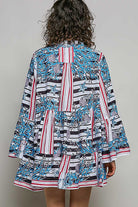 POL Striped Floral Long Sleeve Mini Dress with Pintuck Detail
