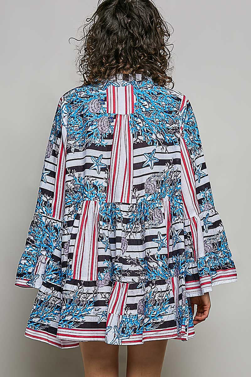 POL Striped Floral Long Sleeve Mini Dress with Pintuck Detail