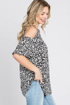 Heimish Leopard Round Neck Cold Shoulder Ruffle Sleeve Blouse