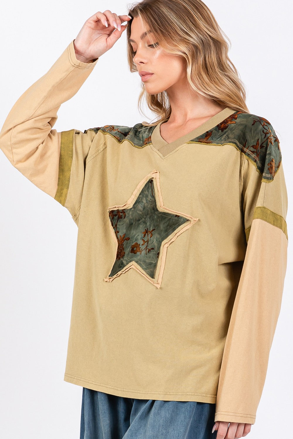 SAGE + FIG Olive Mineral Washed Star Patch Cotton Slub Color Block Oversized Tee Trendsi