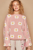 POL Soft Pink Daisy Pattern Drop Shoulder Sweater Trendsi