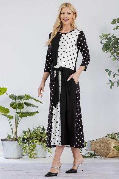 Celeste Black & White Polka Dot Front Tie Midi Dress