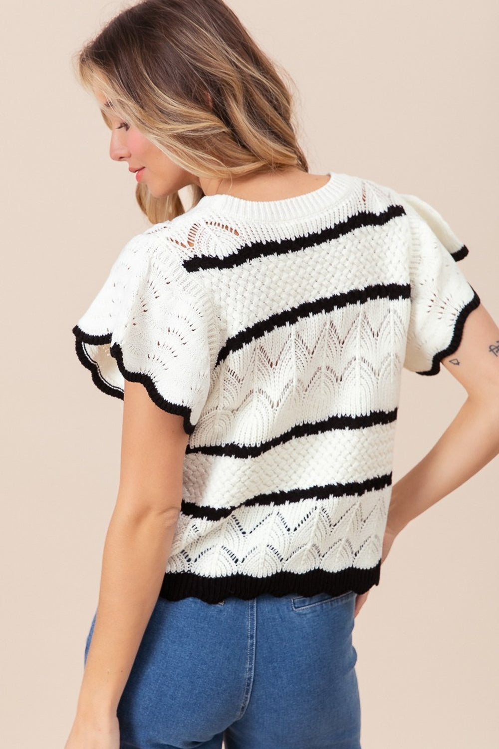 BiBi Ivory & Black Pointelle Contrast Striped Short Sleeve Knit Top Trendsi