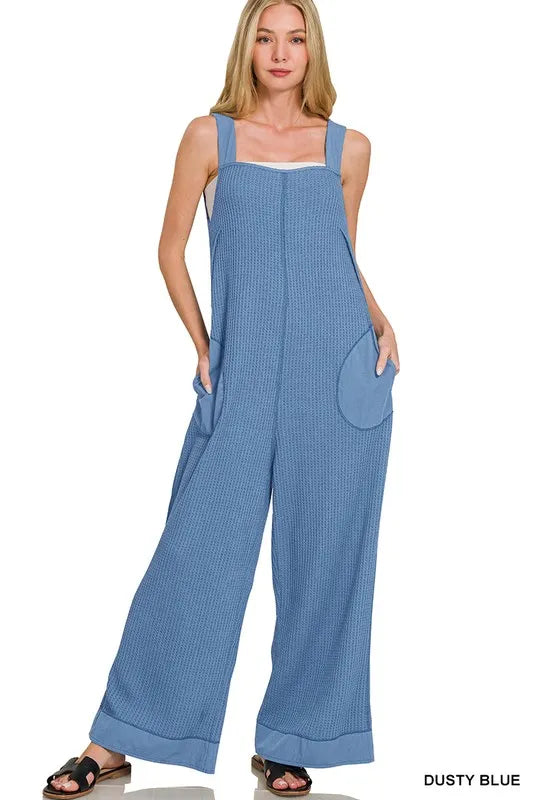 Zenana Dusty Blue Knit Waffle Wide Leg Overalls DUSTY BLUE