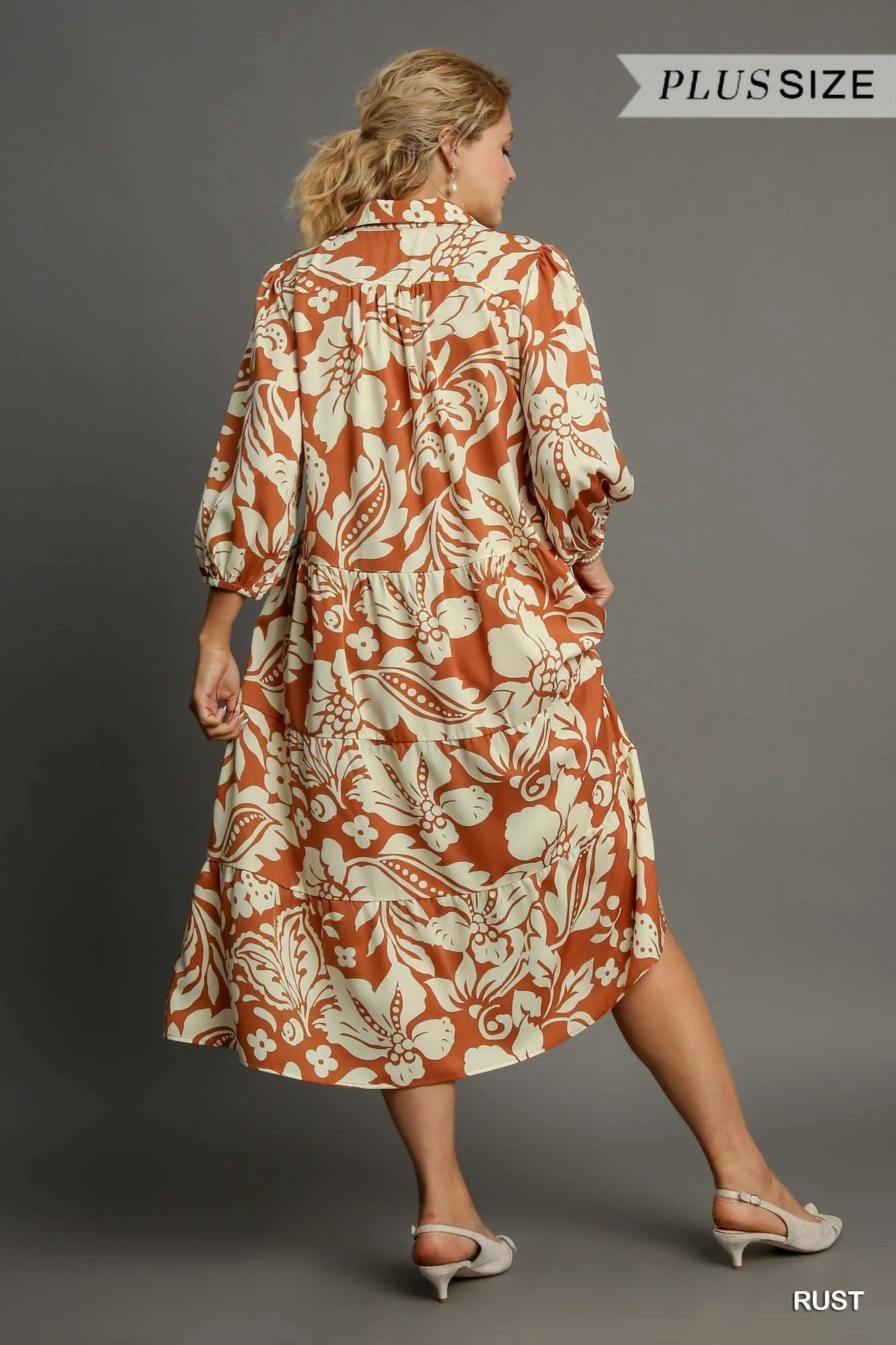 Umgee Rust Floral Tiered Midi Dress