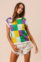 BiBi Mardi Gras Checker Pattern Sleeveless Sweater Top