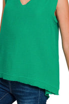 Zenana Kelly Green Double Gauze Raw Edge V-Neck Tank