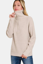 Zenana Mocha Half Zip Long Sleeve Sweater Mocha Shirts & Tops