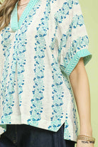 Umgee Teal Mix Print Boho Blouse with Contrast Trim
