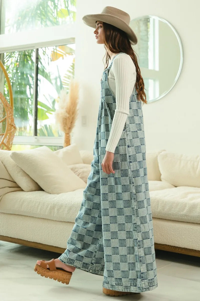 BiBi Denim Washed Vintage Checker Wide Legs Overalls