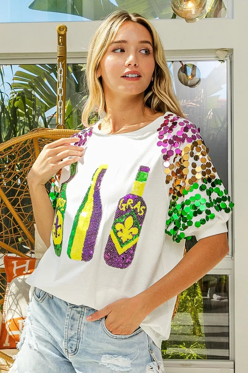 BiBi Sequin Mardi Gras Bottles Spangled Sleeve Top