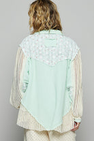 POL Pale Mint Lace Trim Crochet Button Up Denim Jacket