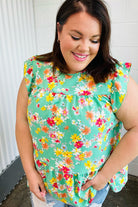 Haptics Mint Floral Yoke Flutter Sleeve Keyhole Back Top Final Sale