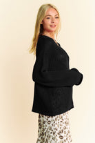 Davi & Dani Black Star Front Crochet Drop Shoulder Knit Top