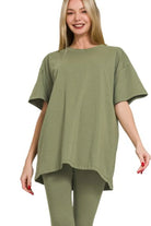 Zenana Light Olive Cotton Round Neck Top & Legging Set