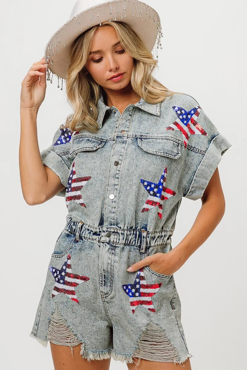 BiBi American Flag Washed Denim Romper
