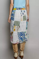 POL Ivory Multi Printed Bohemian Patchwork Wide Leg Pants with Adjustable Side Drawstring