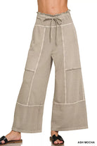 Zenana Ash Mocha French Terry Washed Exposed-seam Wide Leg Pants