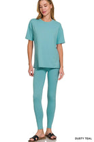 Zenana Dusty Teal Brushed Dty Microfiber Short Sleeve Top and Pants Loungewear Set