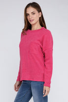 Zenana 4 Colors- Ribbed Brushed Melange Hacci Sweater with a Pocket Shirts & Tops