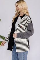 Celeste Black Striped Button Up Dropped Shoulder Shacket