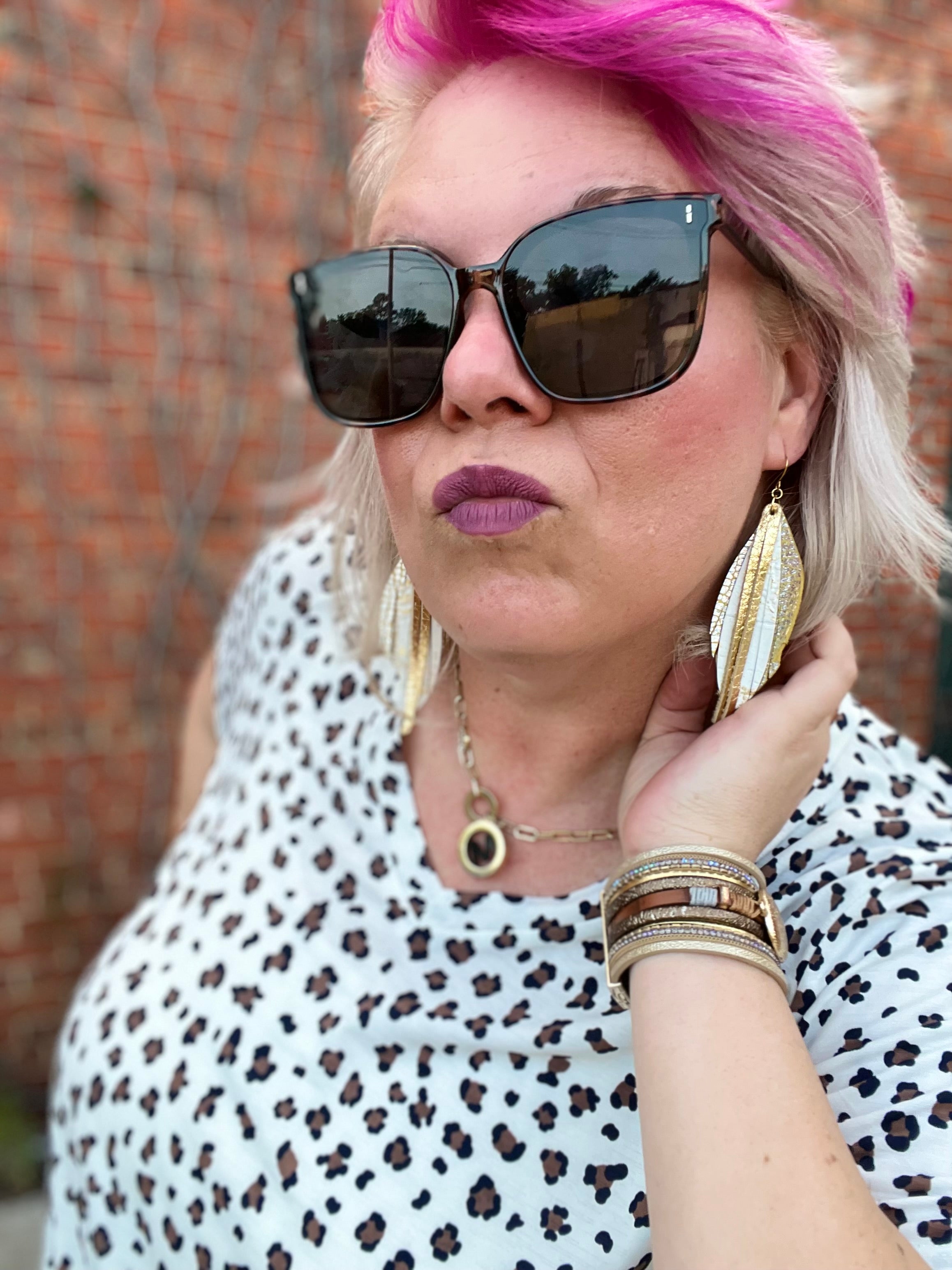 Handmade Genuine Leather Earrings With Holographic Crackle, White Wildwood & Gold Ruby Idol Apparel