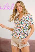 BiBi Multi Color Leopard Jersey Shirred V Neck Top