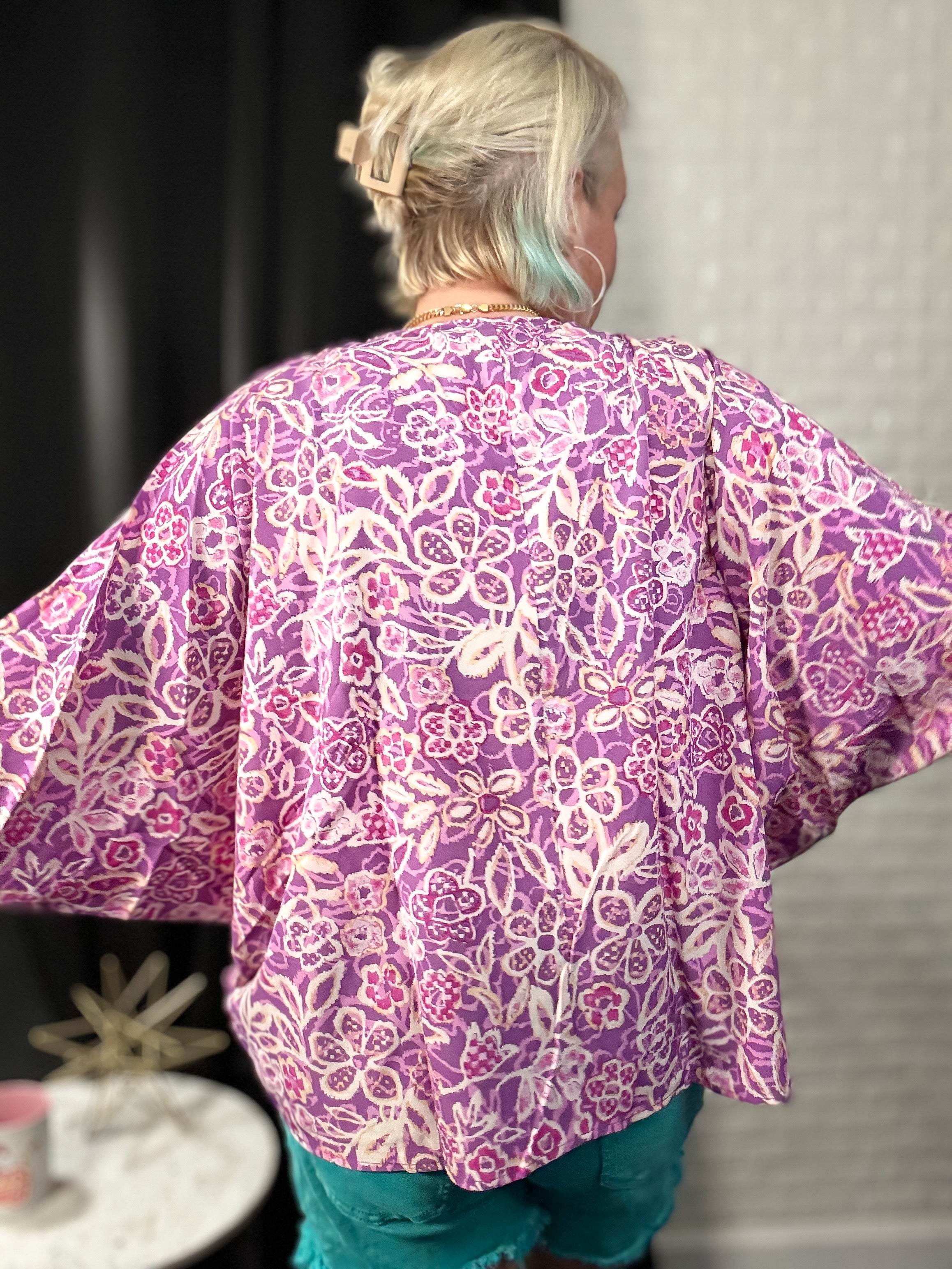 Emily Wonder Floral Printed Poncho Woven Top in Orchid Ave Shops