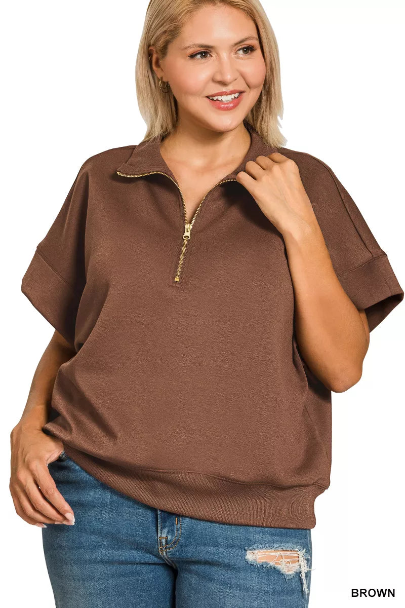 Zenana Brown Scuba High Neck Half Zip Short Sleeve Top